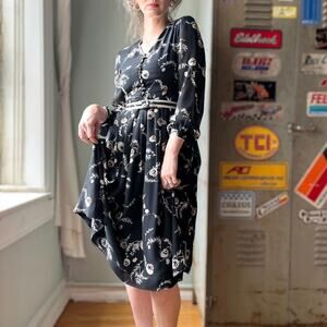 Vintage 70s Rayon Dress | 40s Revival Pomegranate Print| Sheer Sleeve Belted | S